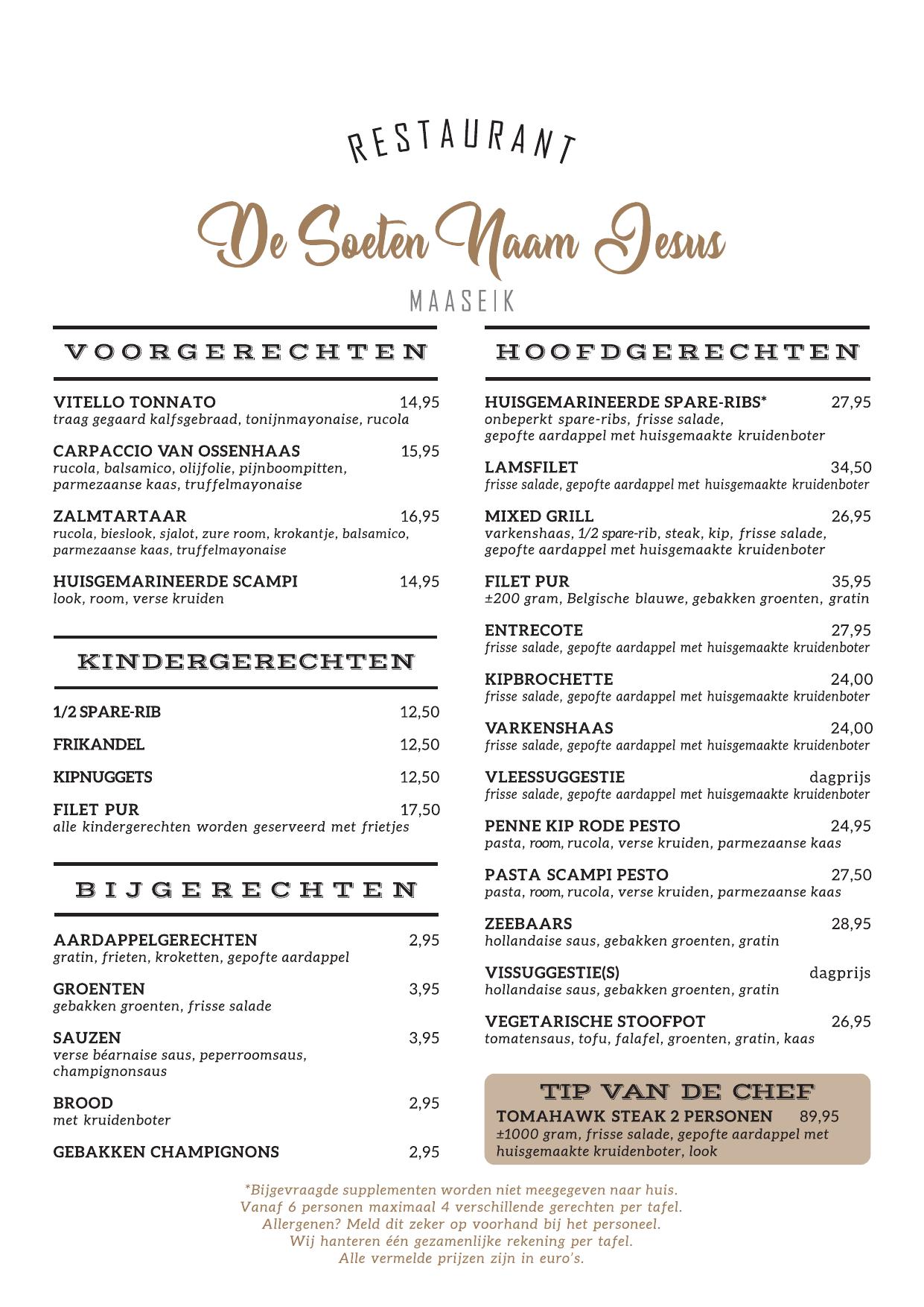Menukaart De Soeten Naam Jesus